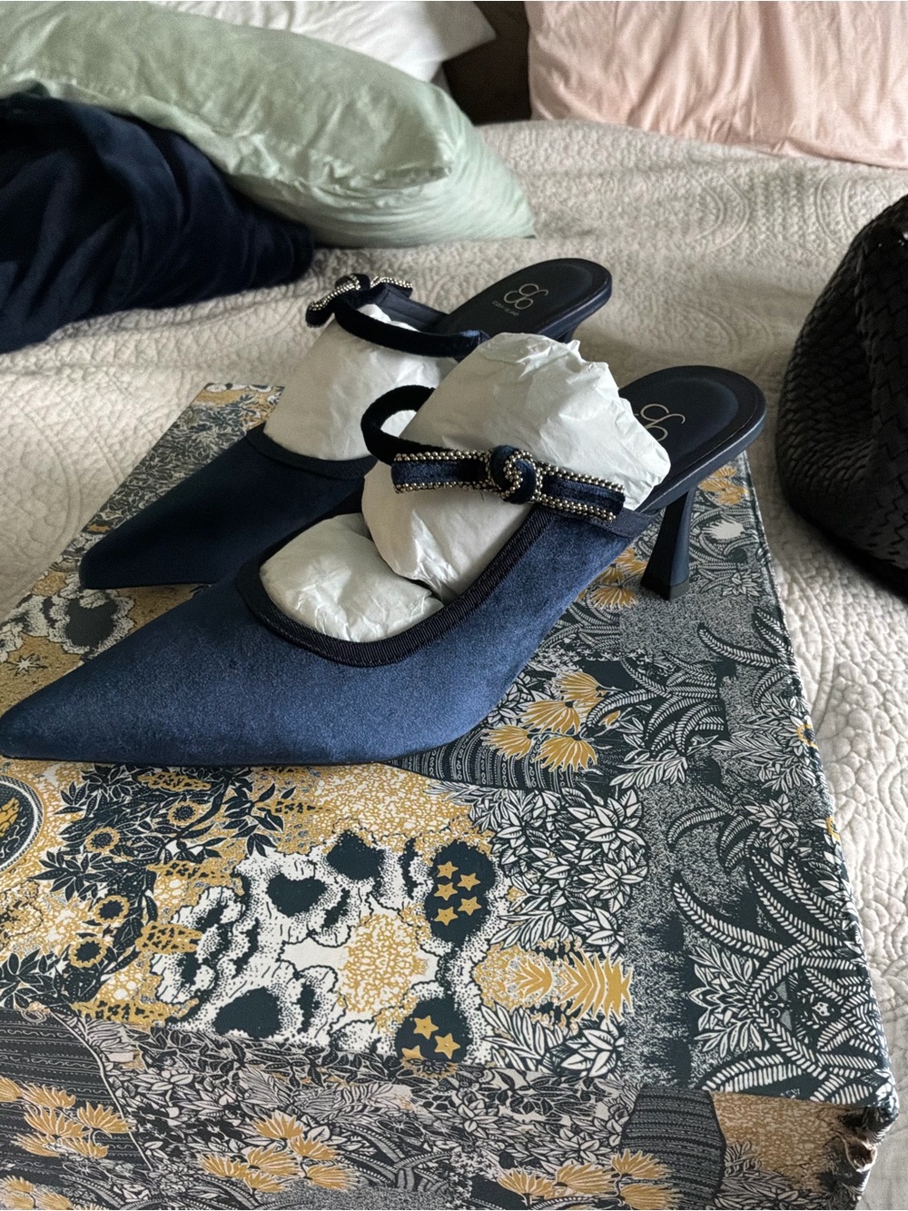 Pointed-Toe Navy Suede Mules with Decorative Knot Strap show 8.5